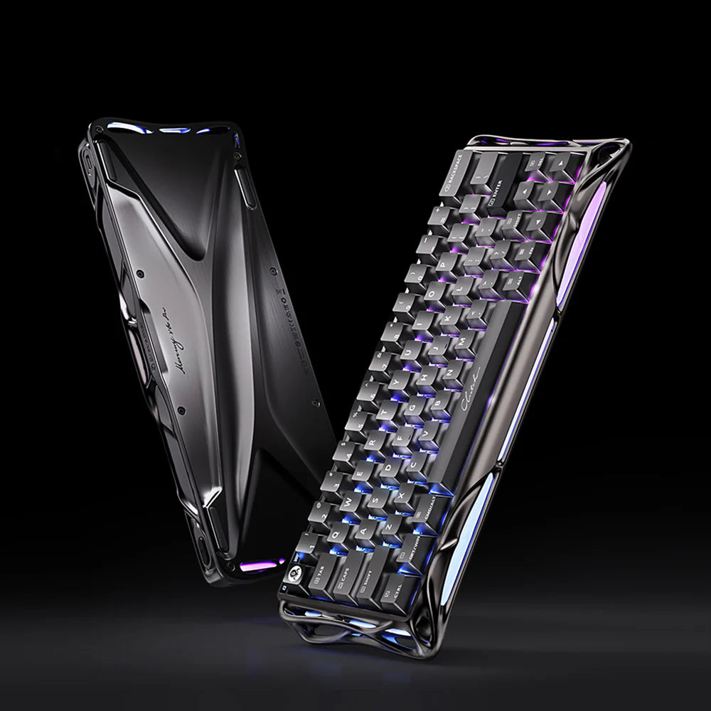 Glossy keyboard with transparent casing on a black background