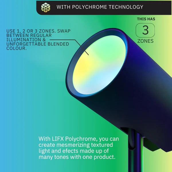 LIFX Polychrome light fixture with text on a gradient background
