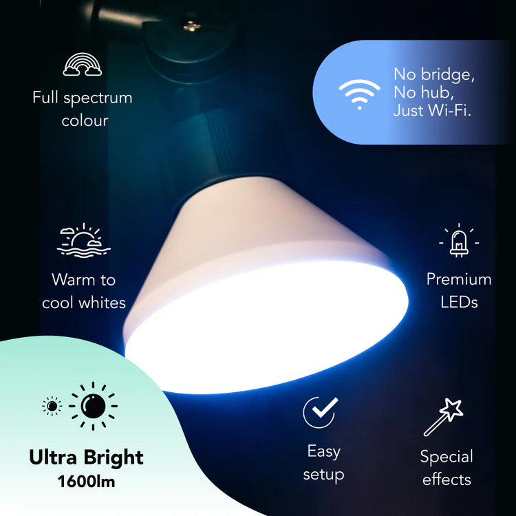 Smart light bulb with features listed on a dark background