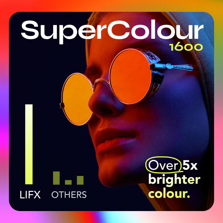 Advertisement for SuperColour 1600 with a person wearing sunglasses and colorful gradient background.