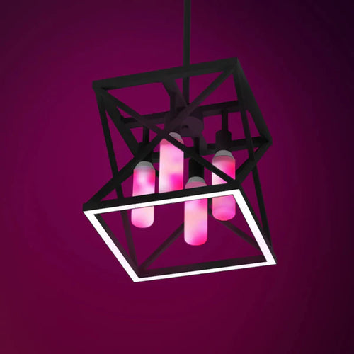 Modern black pendant light with pink glass shades against a purple background