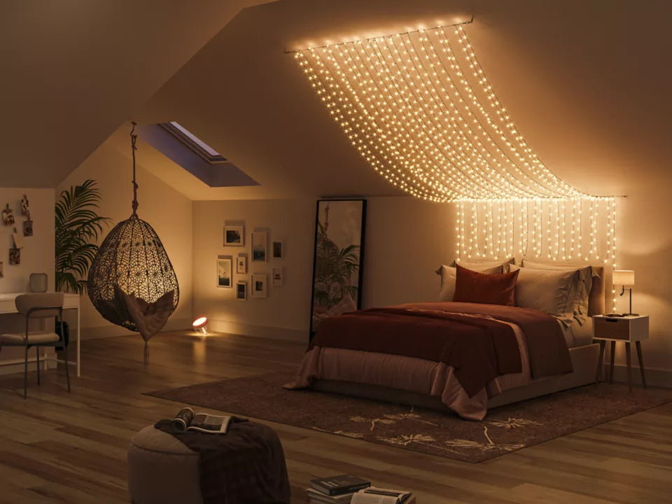 Philips Hue Festavia String Lights above bed