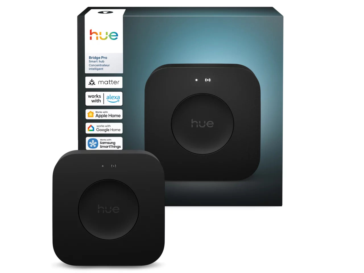 Black Hue bridge pro device with packaging on a white background