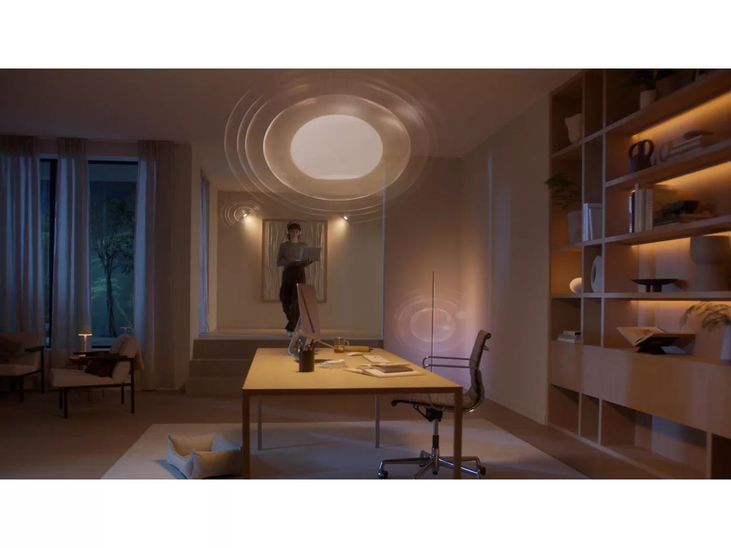 Modern office or study room with a desk, shelves, and a person working.