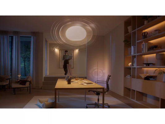 Modern office or study room with a desk, shelves, and a person working.