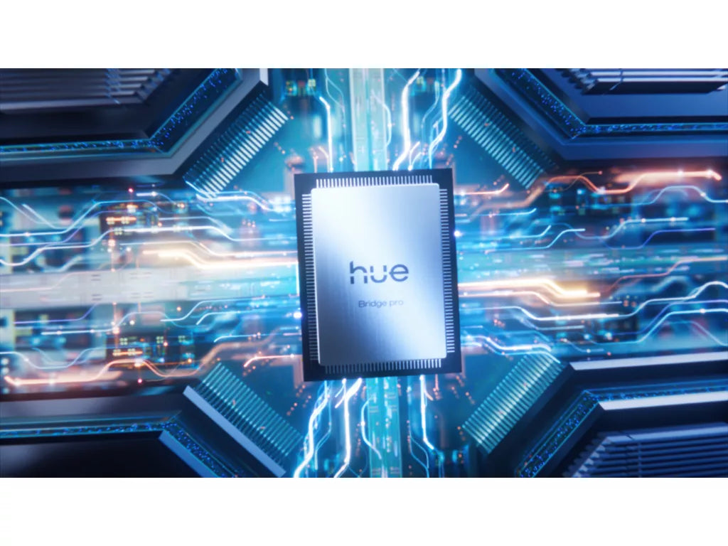 Electronic component with 'hue' branding on a futuristic circuit board background