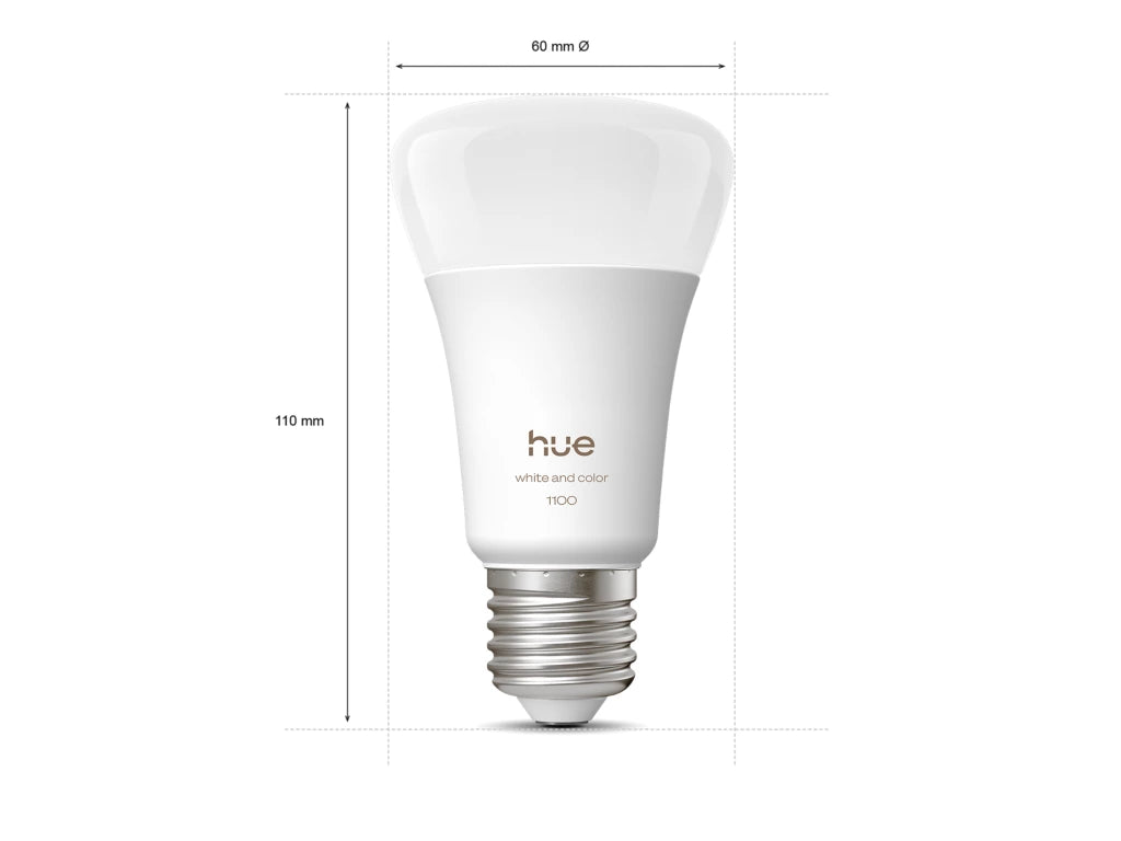 Hue smart light bulb with dimensions on a white background