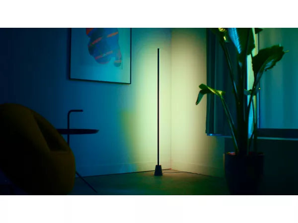 Modern floor wiz lamp in a dimly lit room with a plant and chair.