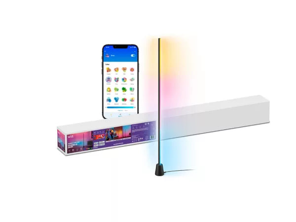 Smart LED strip light with smartphone displaying app interface on a white background