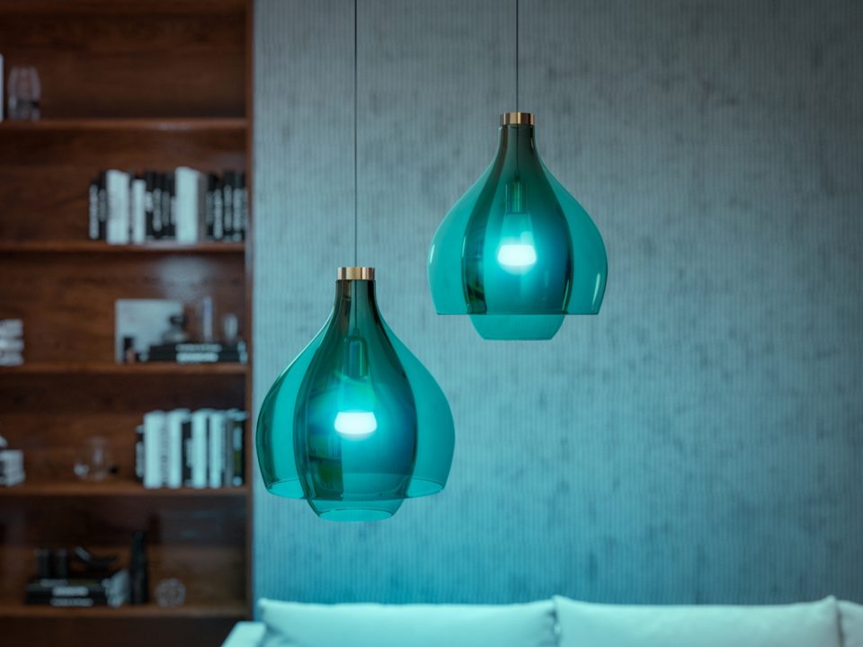 Philips Hue A60 - White & Colour B22 Globe in pendant