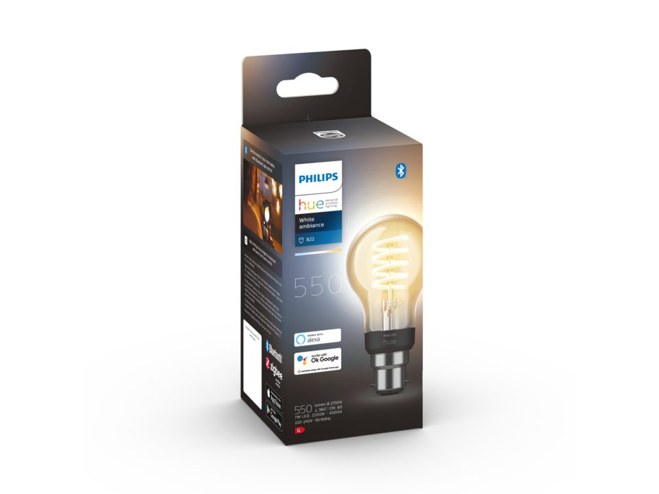 Philips Hue White Ambience A60 B22 Filament Globe in box