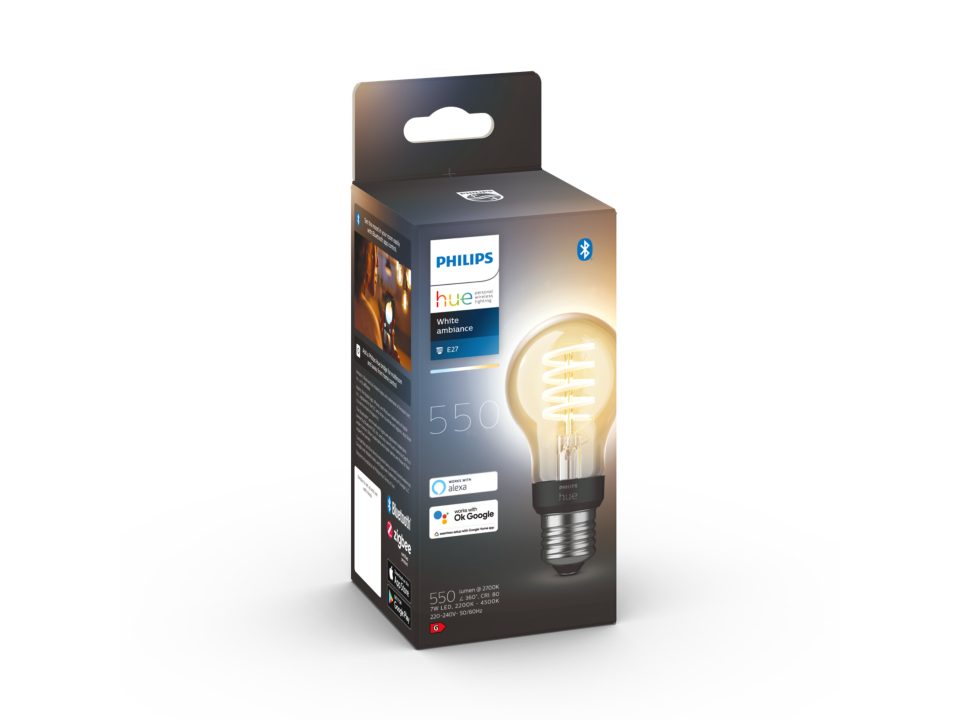 in box Philips Hue White Ambiance A67 E27 Filament LED Globe