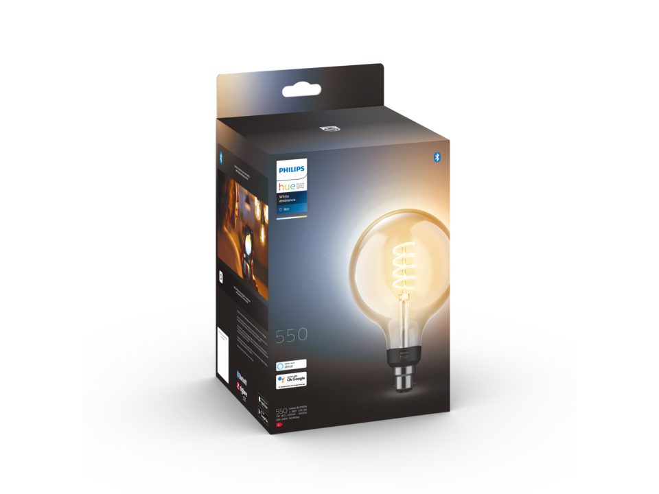 Philips Hue White Ambience G125 E27 Filament Globe in the box