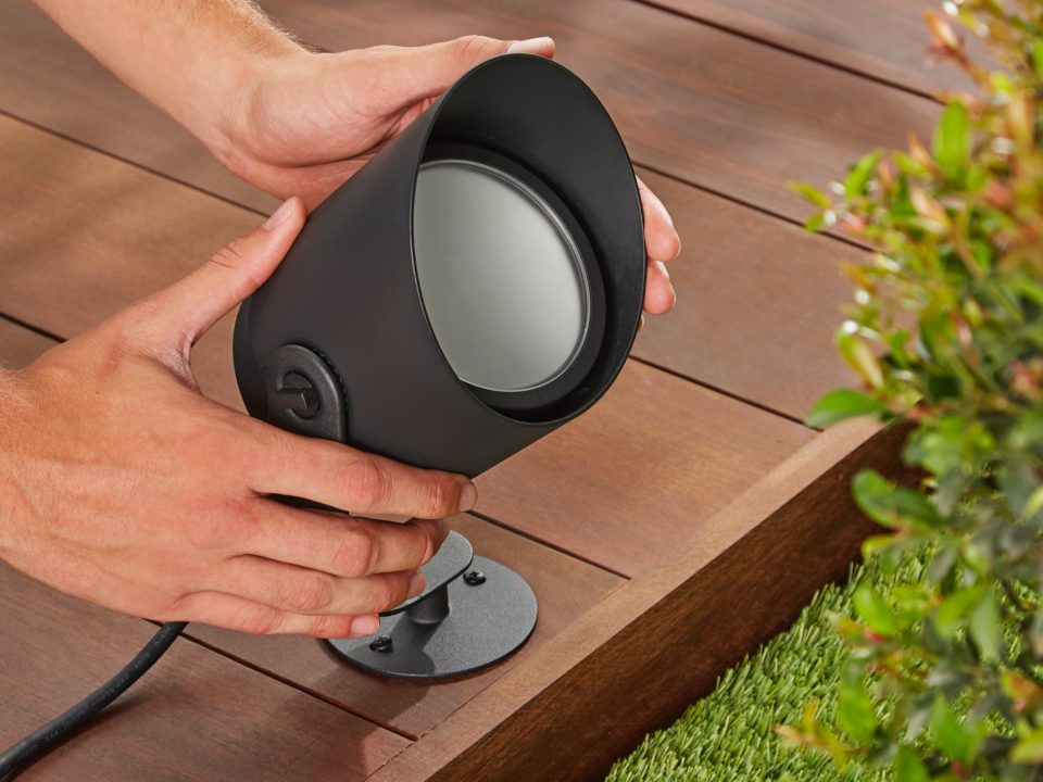 Philips Hue Lily XL Outdoor Spotlight screwed into deck